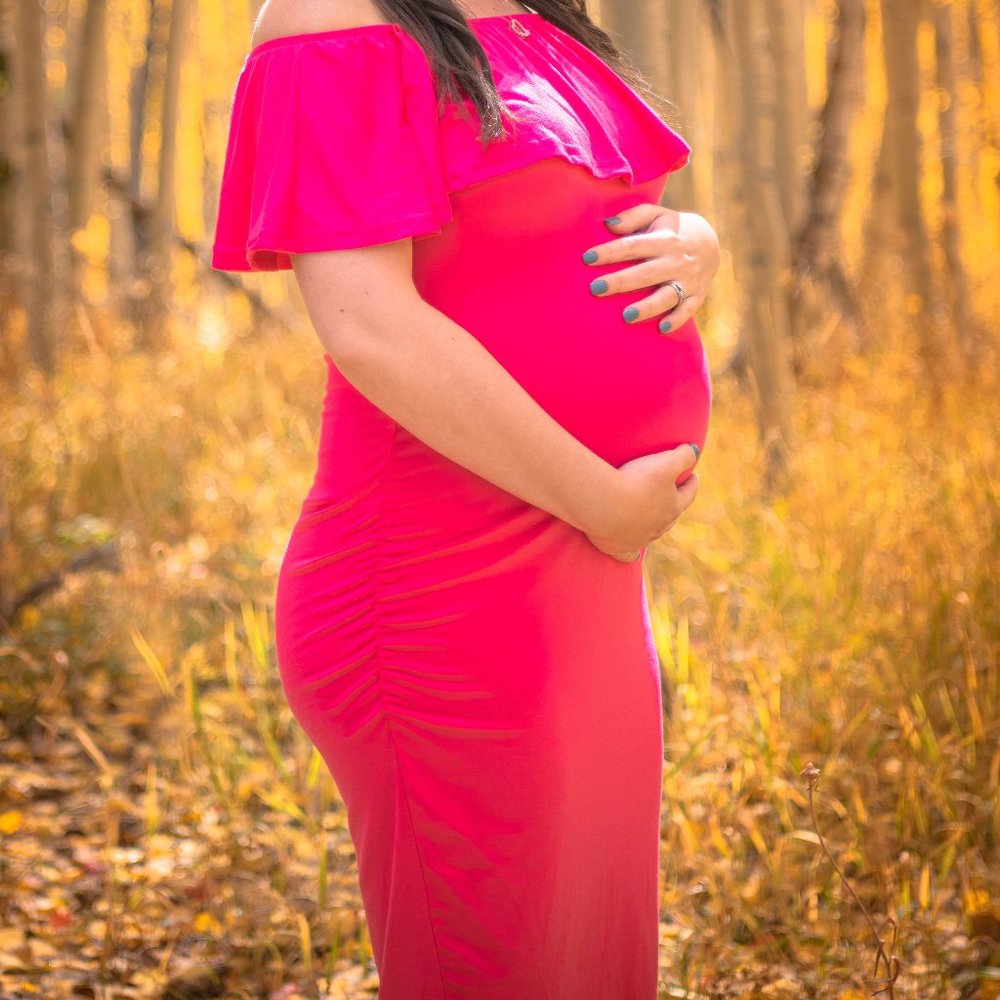 MATERNITY Ruffle Off-Shoulder Dress; Size M